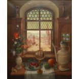 20TH CENTURY CONTINENTAL SCHOOL OIL ON CANVAS Still life, with town square through window beyond,