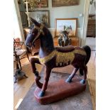 A DECORATIVE 19TH CENTURY INDIAN CARVED WOOD AND PAINTED HORSE SET With coloured mirrors. (91cm x