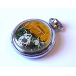 A 1950S STAINLESS STEEL INGERSOLL AUTOMATON FOOTBALL POCKET WATCH Working, boxed.