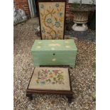 A SMALL PAINTED AND DECORATED PINE COFFER Along with a footstool and a fire screen.