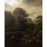 A 19TH CENTURY OIL ON CANVAS SCOTTISH LANDSCAPE A single fisherman near a stream, unsigned. (