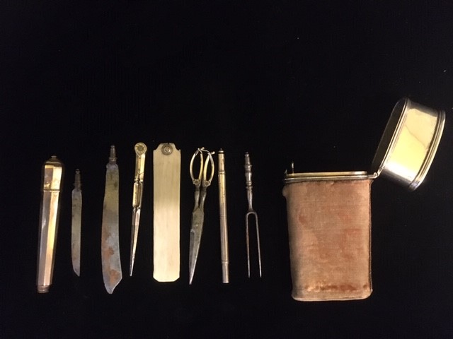 A RARE 18TH CENTURY WHITE METAL AND VELVET ETUI Containing nine implements and oriental velvet - Image 2 of 2