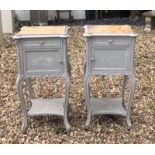 A PAIR OF LATE 19TH CENTURY FRENCH PAINTED POT CUPBOARDS With inset marble tops above single drawers