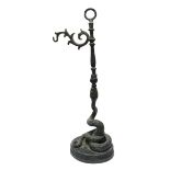 A 19TH CENTURY CONTINENTAL BRONZE FIGURAL LAMP SUPPORT, ENTWINED SNAKE On oval base. (approx 39cm)