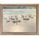 ISABEL DROUET GREEN, 1990, OIL ON CANVAS Swans, bearing details verso, signed and framed. (84cm x