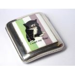 A SILVER AND ENAMEL SUFFRAGETTE NOVELTY CIGARETTE CASE Decorated with a modern enamel black cat with