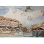 20TH CENTURY CONTINENTAL SCHOOL LARGE WATERCOLOUR Busy harbour scene, mounted, unframed. (90cm x