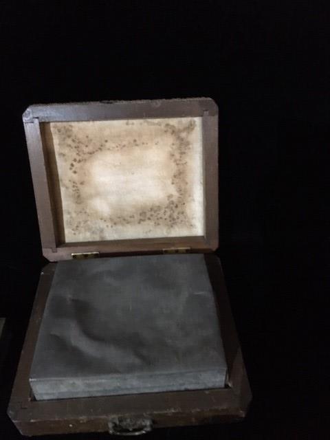 A VINTAGE HEATED RECTANGULAR WOODEN FOOTSTOOL With embroidered floral design, containing a tin hot - Image 2 of 2