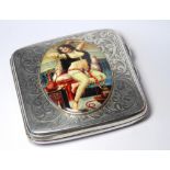 A SILVER AND ENAMEL CIGARETTE CASE Set with a modern enamel semiclad maiden, hallmarked