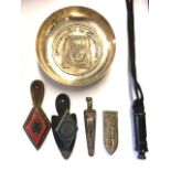 A COLLECTION OF FRENCH MILITARY WHITE METAL ITEMS Comprising an embossed dish '4eme Regiment de