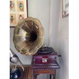 HIS MASTER'S VOICE MAHOGANY WINDUP GRAMOPHONE.