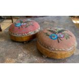 A PAIR OF CIRCULAR VICTORIAN WALNUT AND FLORAL BEADWORK STOOLS. (diameter 27.5cm x 12cm)