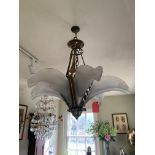 AN ART DECO GILT BRONZE AND FROSTED GLASS CHANDELIER IN THE FORM OF PALM LEAVES. (60cm x diameter