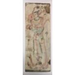 AN ORIENTAL WOODEN HAND PAINTED PANEL Goddess within stylised clouds. (approx 56cm x 20cm)