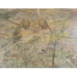 S.E. WISDOM, A 20TH CENTURY CHARCOAL AND WASH ON PAPER Abstract scene, titled 'The Garden of Eden ',