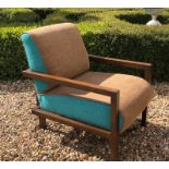A 20TH CENTURY BEECHWOOD FRAMED EASY ARMCHAIR Newly upholstered in oatmeal and turquoise fabric. (