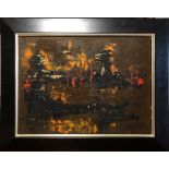 20TH CENTURY OIL ON CANVAS LATER BOARD, ABSTRACT Indistinctly signed lower right, ebonised frame