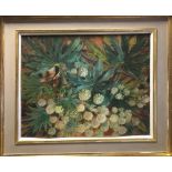 A LARGE 20TH CENTURY OIL ON BOARD, STILL LIFE Flowers and foliage in a painted and parcel gilt