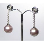 A PAIR OF 18K WHITE GOLD, LARGE PINK PEARL AND DIAMOND EARRINGS. (drop 4cm) weight approx 10gm.