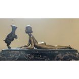 J D'ASTE, AN ART DECO PERIOD GILDED BRONZE STATUE Female nude and lamb, signed, on original veined