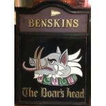 AN EARLY 20TH CENTURY HAND PAINTED OIL ON WOOD PUB SIGN Titled 'Benskind The Boars Head'. (approx