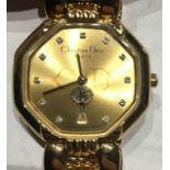 CHRISTIAN DIOR, A GOLD PLATED AND DIAMOND LADIES' WRISTWATCH Octagonal form, diamond set number