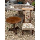 A VICTORIAN MAHOGANY PRIE DU CHAIR Along with a mahogany occasional table.