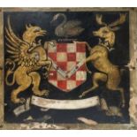 A 20TH CENTURY OIL ON BOARD ARMORIAL CREST Square form, hand painted with a swan above a red and