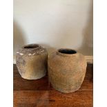 TWO 18TH/19TH CENTURY CHINESE SHIPWRECK POTTERY JARS. (19cm x 20cm)