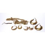 A COLLECTION OF 9CT GOLD JEWELLERY Comprising two necklaces and odd earrings. (approx total weight