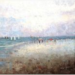 HARRY PALSON, LARGE 20TH CENTURY OIL ON CANVAS Beach scene, figures and sailing boats, signed