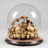 A RARE 19TH CENTURY ORNAMENTAL LEATHER WORK FRUIT BASKET DISPLAY UNDER GLASS DOME. (h 30cm x w
