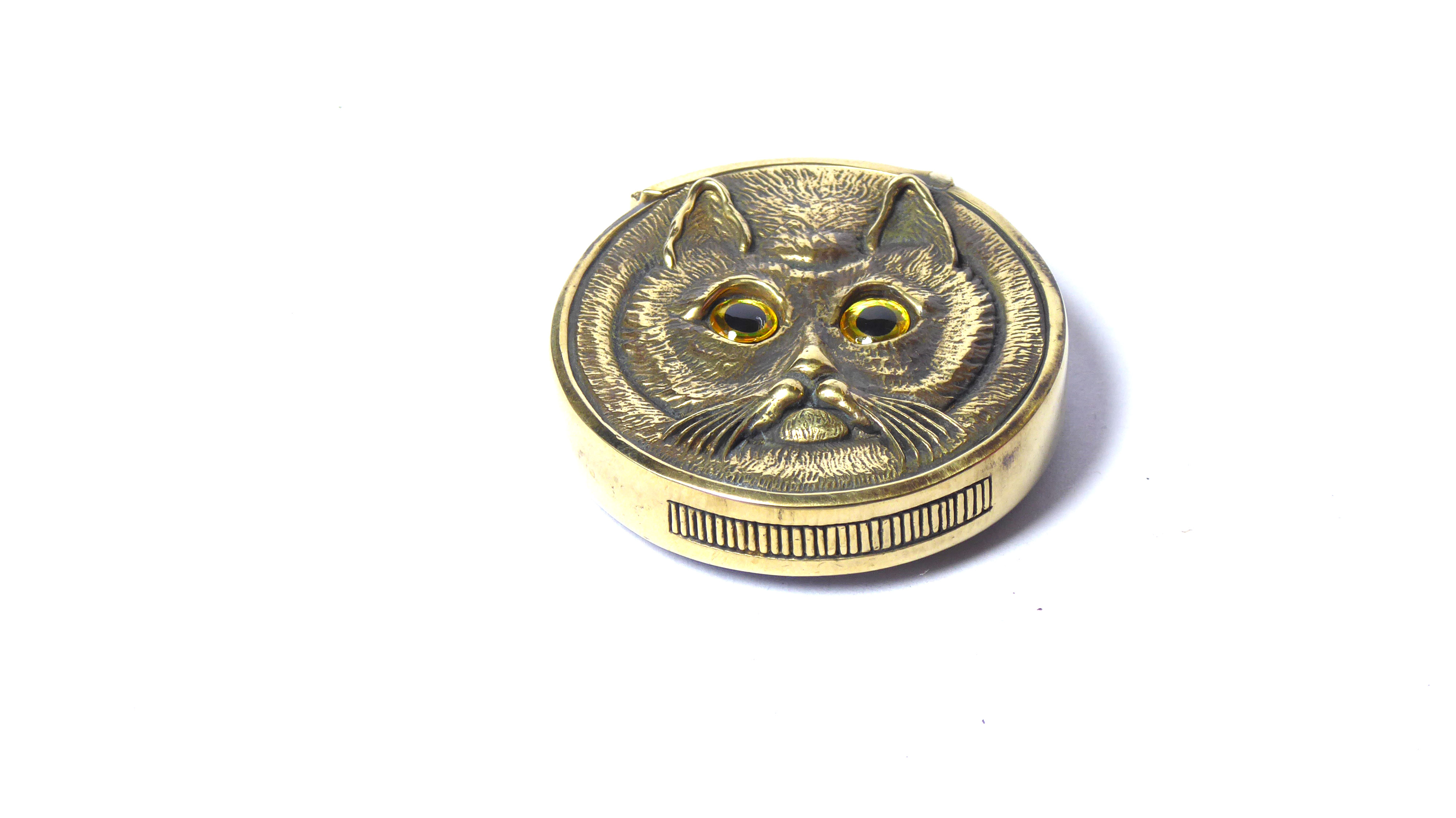 A BRASS NOVELTY VESTA CASE Twin sided, modelled as a cat's head with glass eyes. (approx 4cm) (