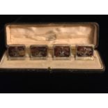 A RARE CASED SET OF FOUR EDWARDIAN SILVER AND TORTOISESHELL MENU HOLDERS Having fine silver inlaid