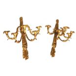 AN IMPRESSIVE PAIR OF 19TH CENTURY HEAVY GILDED BRONZE FIVE BRANCH WALL SCONCES With tied curtain