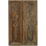 A PAIR OF DECORATIVE 19TH CENTURY CONTINNETAL WALNUT CARVED WOOD PANELS OF FRUIT AND SWAGS. (94cm