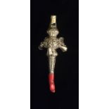 A VICTORIAN SILVER AND CORAL BABY'S TEETHING RATTLE Having engraved decoration, six bells and a