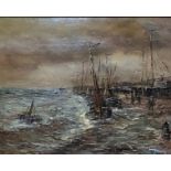 A PAIR OF DECORATIVE CONTINENTAL SCHOOL OILS ON PANEL Fishing boats on a stormy sea and fishing