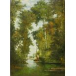 A 19TH CENTURY FRENCH IMPRESSIONIST OIL ON PANEL Wooded river landscape with boats, indistinctly