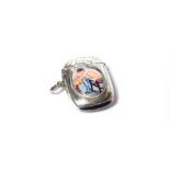 A SILVER AND ENAMEL OVAL VESTA CASE With modern enamel seated nude, hallmarked Birmingham, 1907. (