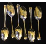 A COLLECTION OF SIX GEORGIAN HANOVARIAN SILVER TABLESPOONS Fiddle pattern with engraved initial 'R',