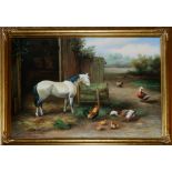 GEORGE BAXTER, EARLY 20TH CENTURY OIL ON PANEL Farmyard scene, signed, gilt framed. (46cm x 35cm)