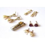THREE VINTAGE PAIRS OF 9CT GOLD AND PEARL EARRINGS Including a pair with tear form pearls,