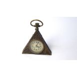 A BRASS NOVELTY MASONIC POCKET WATCH Triangular form with embossed decoration and mechanical
