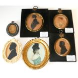 A COLLECTION OF FIVE GEORGIAN OVAL WATERCOLOUR SILHOUETTE PORTRAIT MINIATURES Profile form including