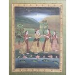 A MID 20TH CENTURY INDIAN PAINTING ON LINEN, MAHARAJAH WITH FEMALE SERVANTS Mounted and framed. (