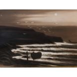 C.W. FREEZOR, A PAIR OF SEPIA OILS ON CANVAS Coastal views, lighthouse and a single rowing boat,