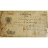 GOLDSITHNEY, CORNWALL, AN 1818 ONE POUND NOTE Signed and dated Gundry's Company, stamped 'Star Inn