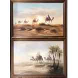 DESSERT CAMEL TRAIN, A PAIR OF LARGE 20TH CENTURY OILS ON CANVAS Indistinctly signed, framed. (100cm