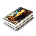 A SILVER AND EROTIC ENAMEL RECTANGULAR PILL BOX Set with nude female to lid, marked '925'.